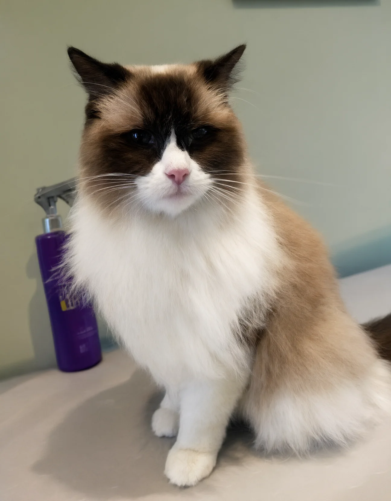Un gatto ragdoll seduto tranquillo sul tavolo da toelettatura