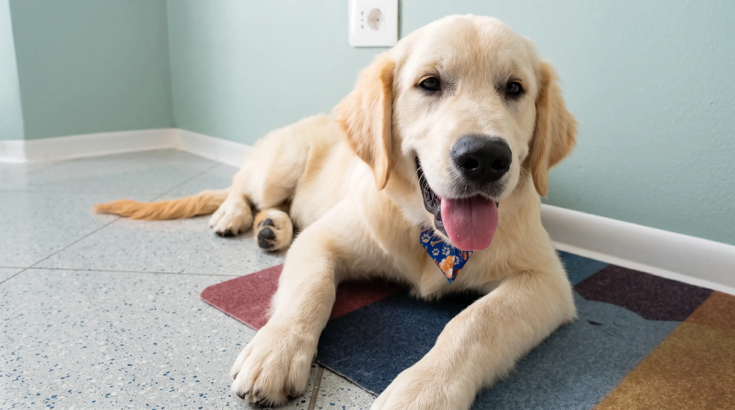 Un cucciolo di golden retriever appena toelettato, sdraiato su un tappeto