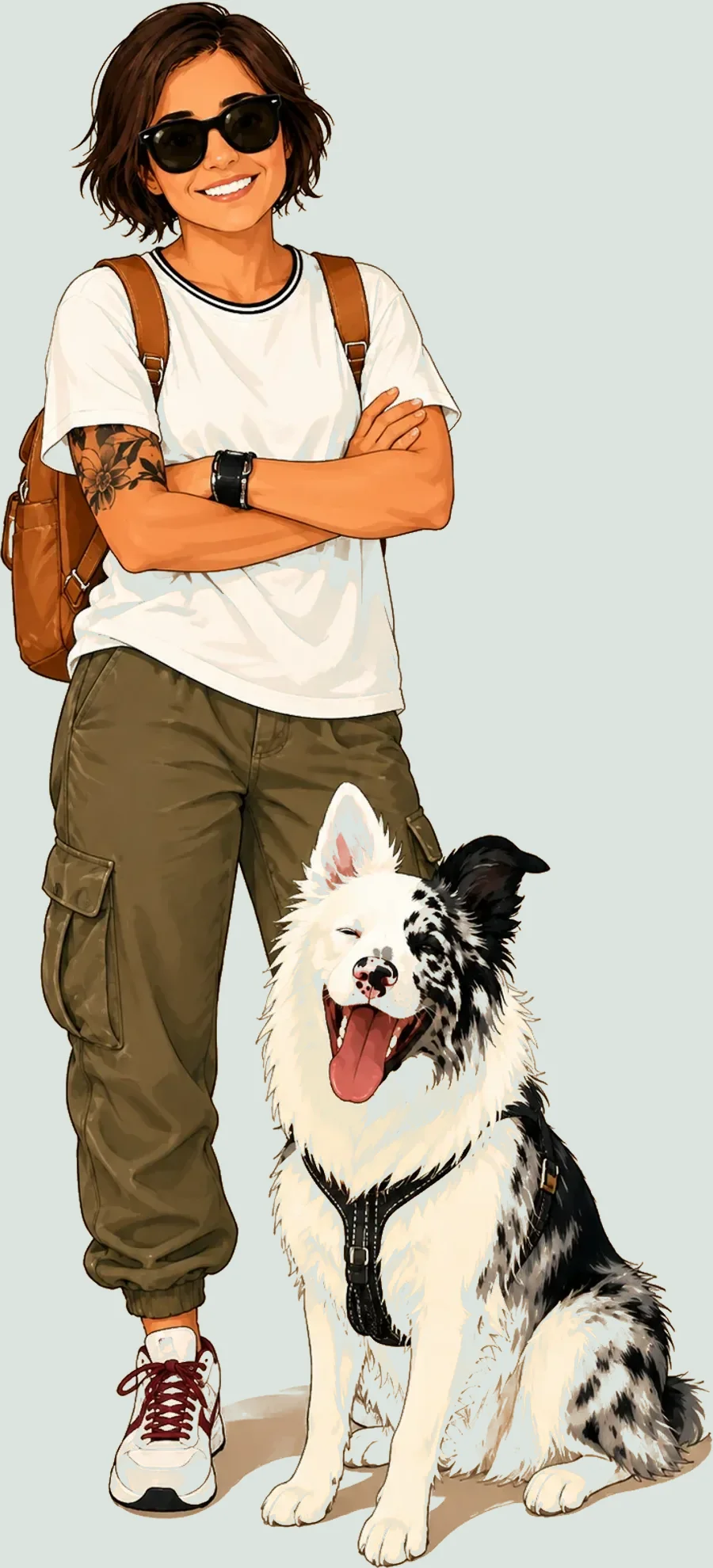 Illustrazione di Roberta a braccia conserte, con Lillo, il suo border collie, seduto accanto